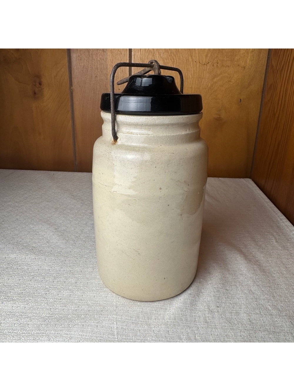 Antique Stoneware Canning Jar Black Lid Wire Bail Primitive Fruit Preserve Crock - Picture 3 of 10